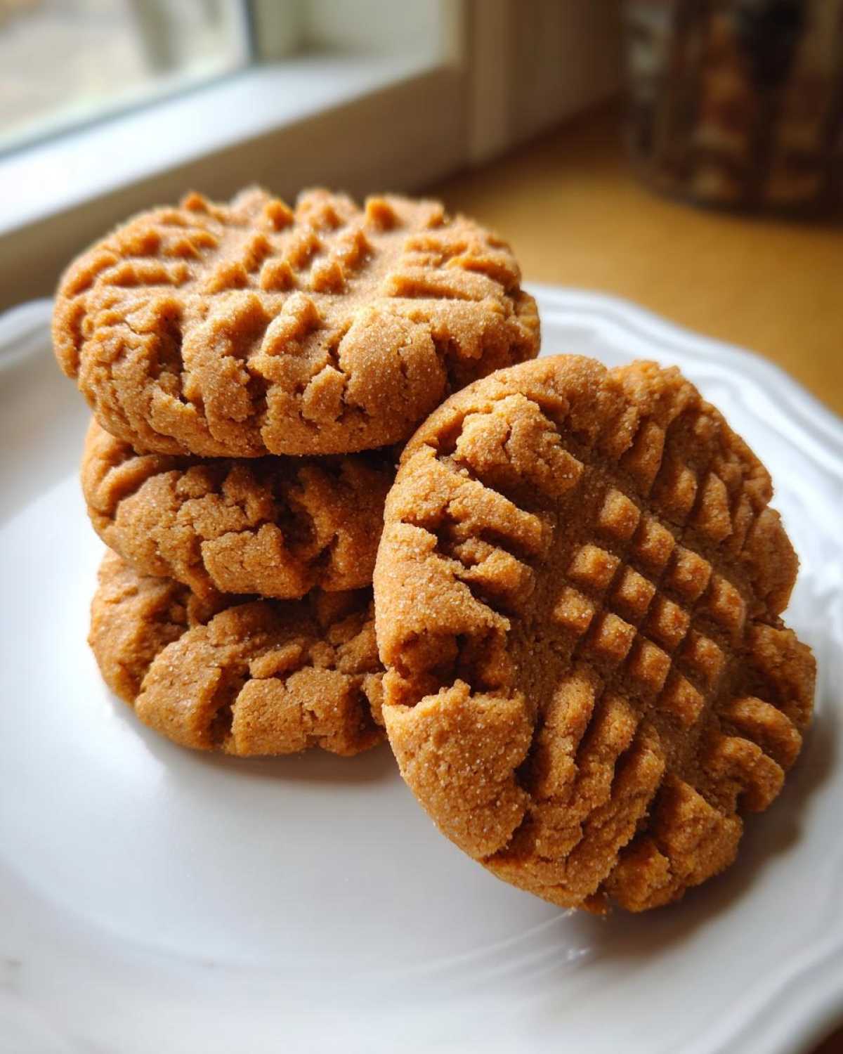 A close-up stack of four classic peanut butter cookies showing the traditional criss-cross fork marks on a white plate.