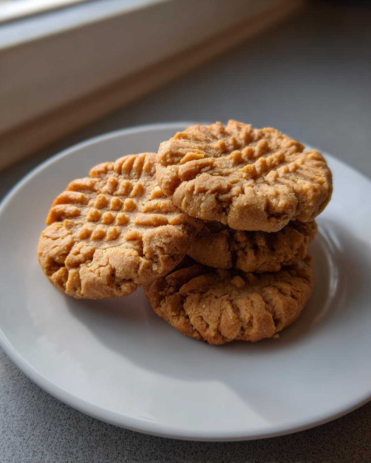 A stack of four golden brown peanut butter cookies showing classic crisscross fork marks, resting on a white plate.