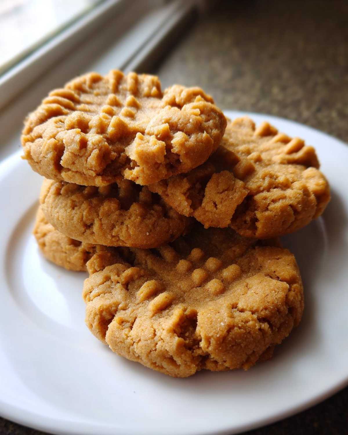 A close-up stack of four classic peanut butter cookies featuring traditional crosshatch fork marks on a white plate.