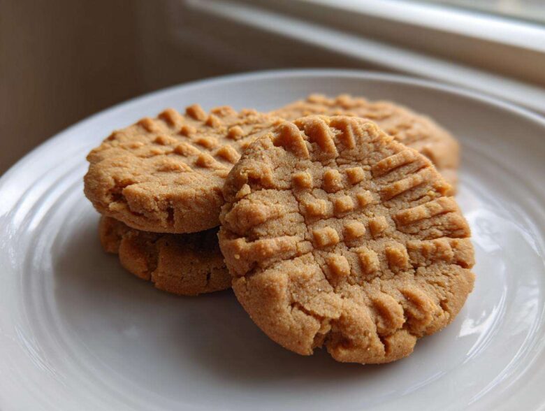 Close-up of three classic peanut butter cookies stacked on a white plate, showing the traditional crisscross fork pattern.
