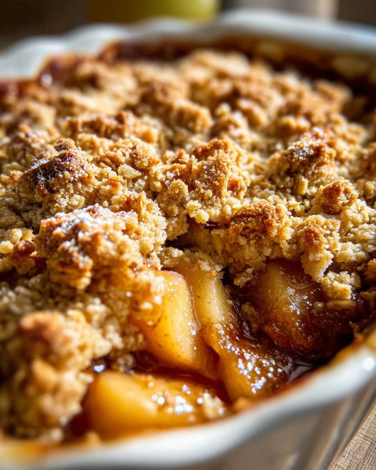 Close-up view of a freshly baked apple crisp showing the bubbly, syrupy apples beneath a crunchy, golden brown oat topping.