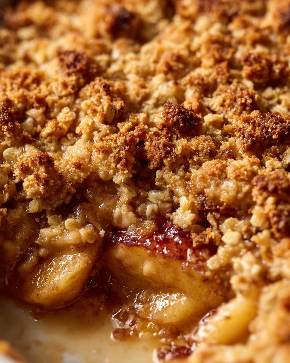 Extreme close-up showing the bubbly, saucy filling and crunchy oat topping of a freshly baked apple crisp.