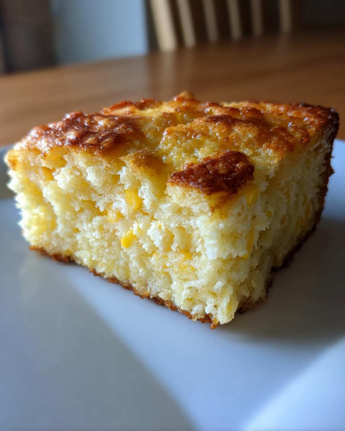 A close-up of a golden-brown slice of moist corn casserole featuring visible kernels of corn.