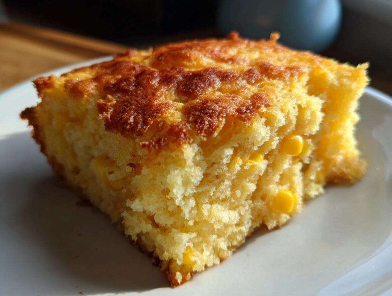 Close-up of a moist, golden slice of corn casserole featuring visible kernels of corn.