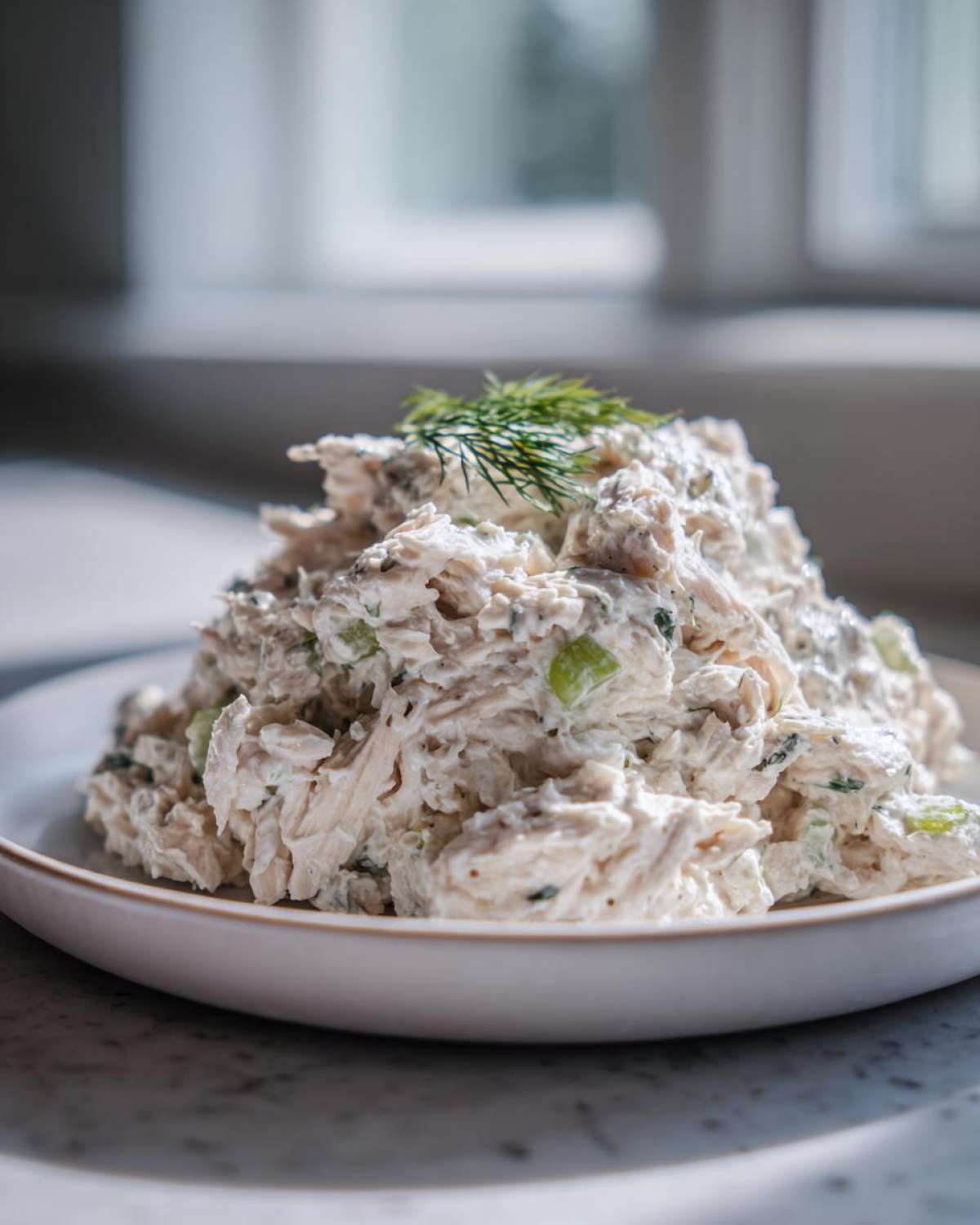 A mound of creamy cottage cheese chicken salad mixed with celery, topped with fresh dill, served on a white plate.