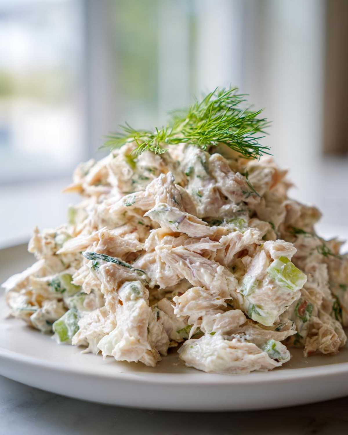 A close-up of a fresh mound of cottage cheese chicken salad mixed with celery and topped with fresh dill.