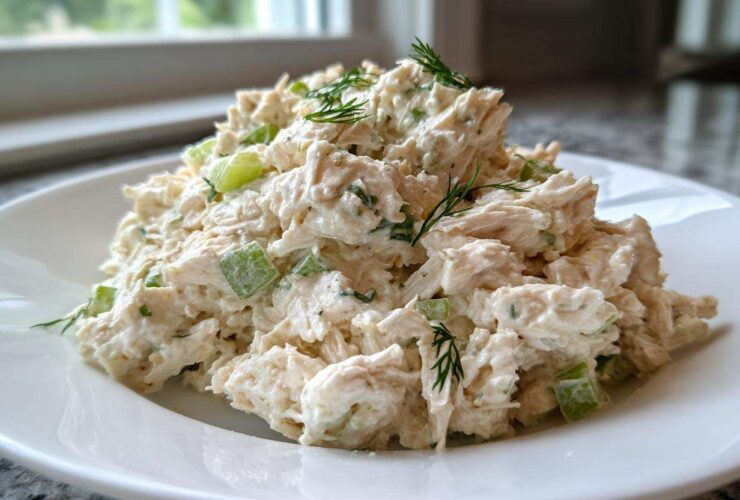 A generous serving of creamy cottage cheese chicken salad with visible celery chunks, garnished with fresh dill.
