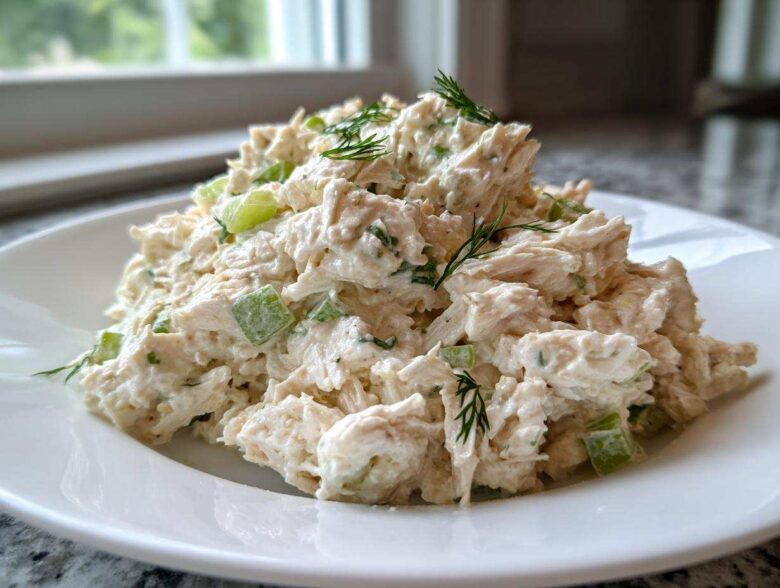 A generous serving of creamy cottage cheese chicken salad with visible celery chunks, garnished with fresh dill.