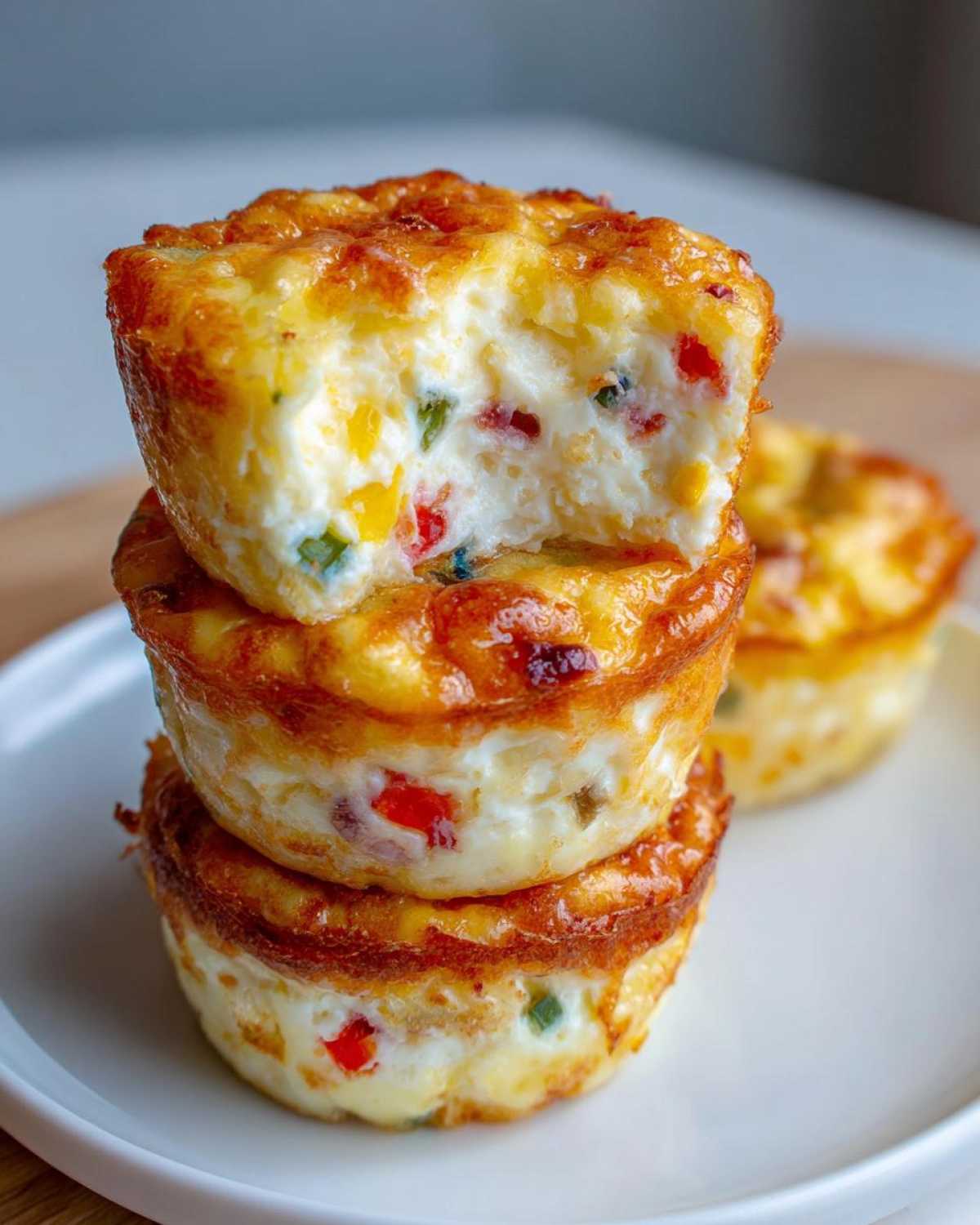Three stacked cottage cheese egg cups starbucks style, showing a bite taken out of the top one revealing colorful peppers.