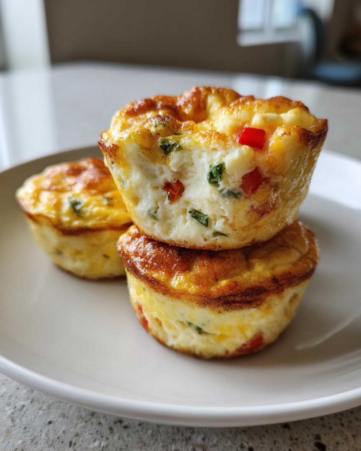 Three golden-brown cottage cheese egg cups stacked on a white plate, showing visible red pepper and green herbs inside.