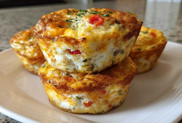 A stack of three golden-brown cottage cheese egg cups, garnished with herbs and red pepper pieces.