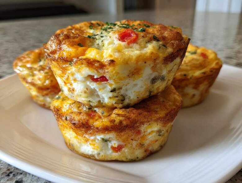 A stack of three golden-brown cottage cheese egg cups, garnished with herbs and red pepper pieces.