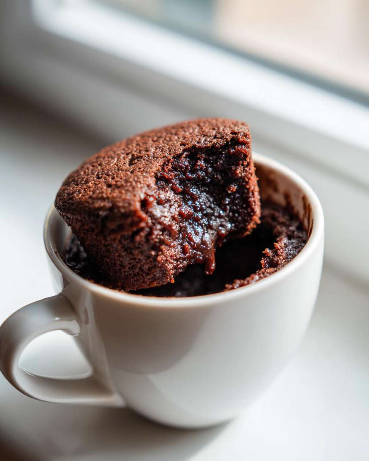 A bite taken out of a rich, gooey Cottage Cheese Microwave Brownie served hot in a white mug.