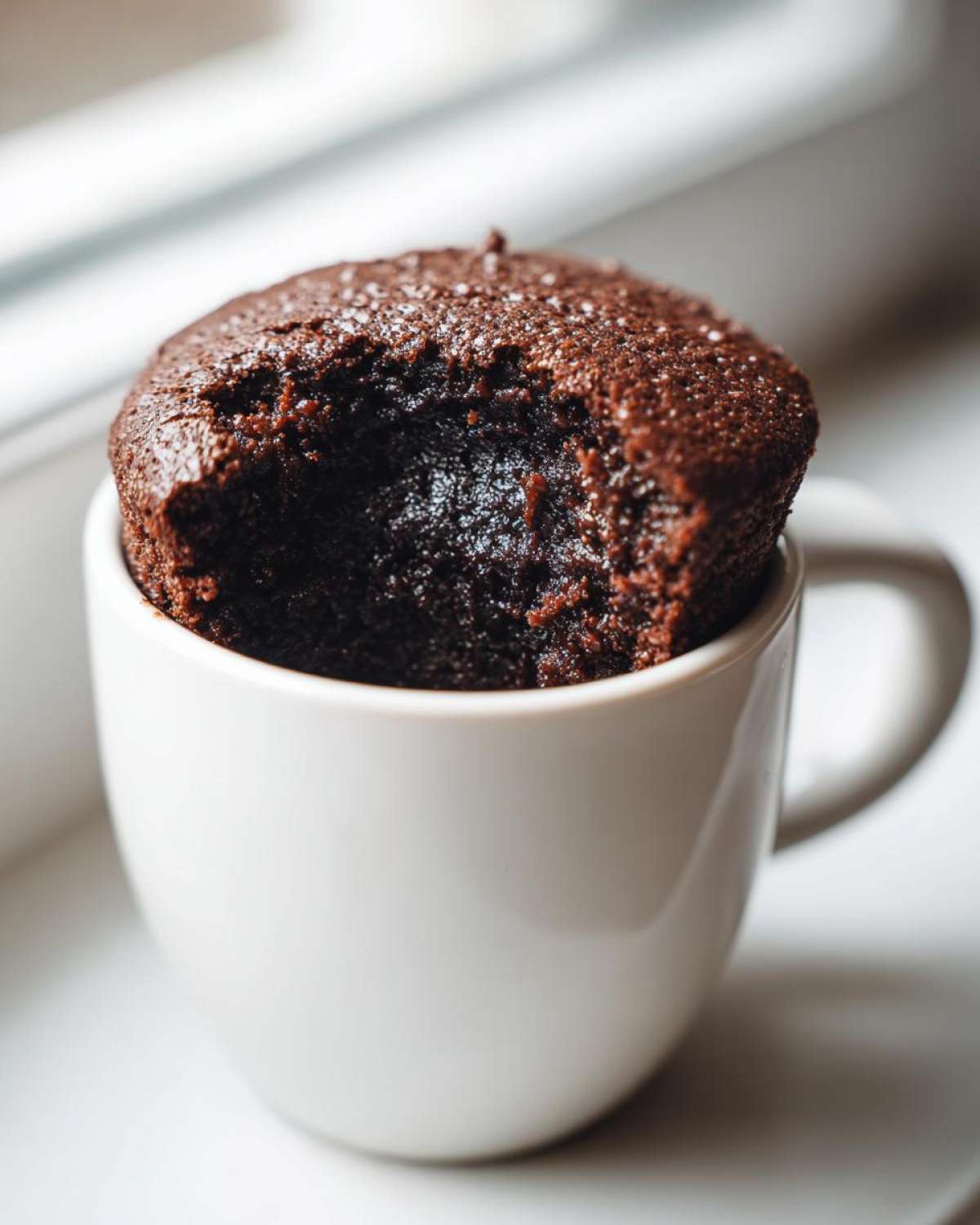 Close-up of a rich, dark chocolate Cottage Cheese Microwave Brownie overflowing from a white mug.