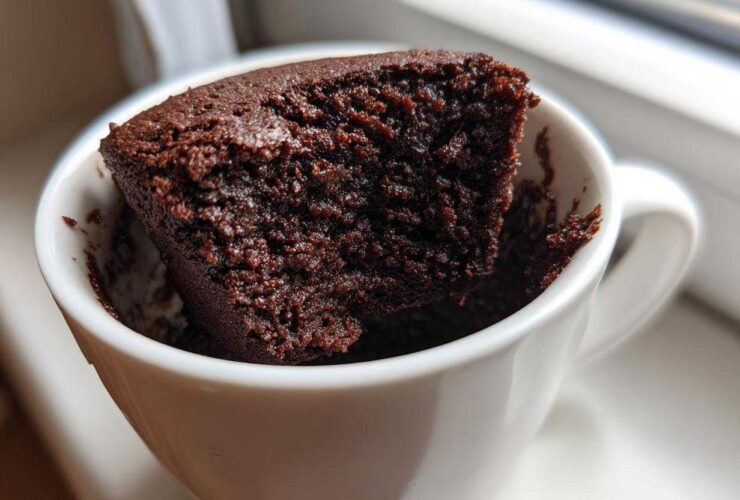 Close-up of a rich, dark chocolate Cottage Cheese Microwave Brownie sticking out of a white mug.