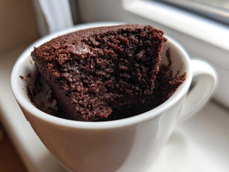 Close-up of a rich, dark chocolate Cottage Cheese Microwave Brownie sticking out of a white mug.