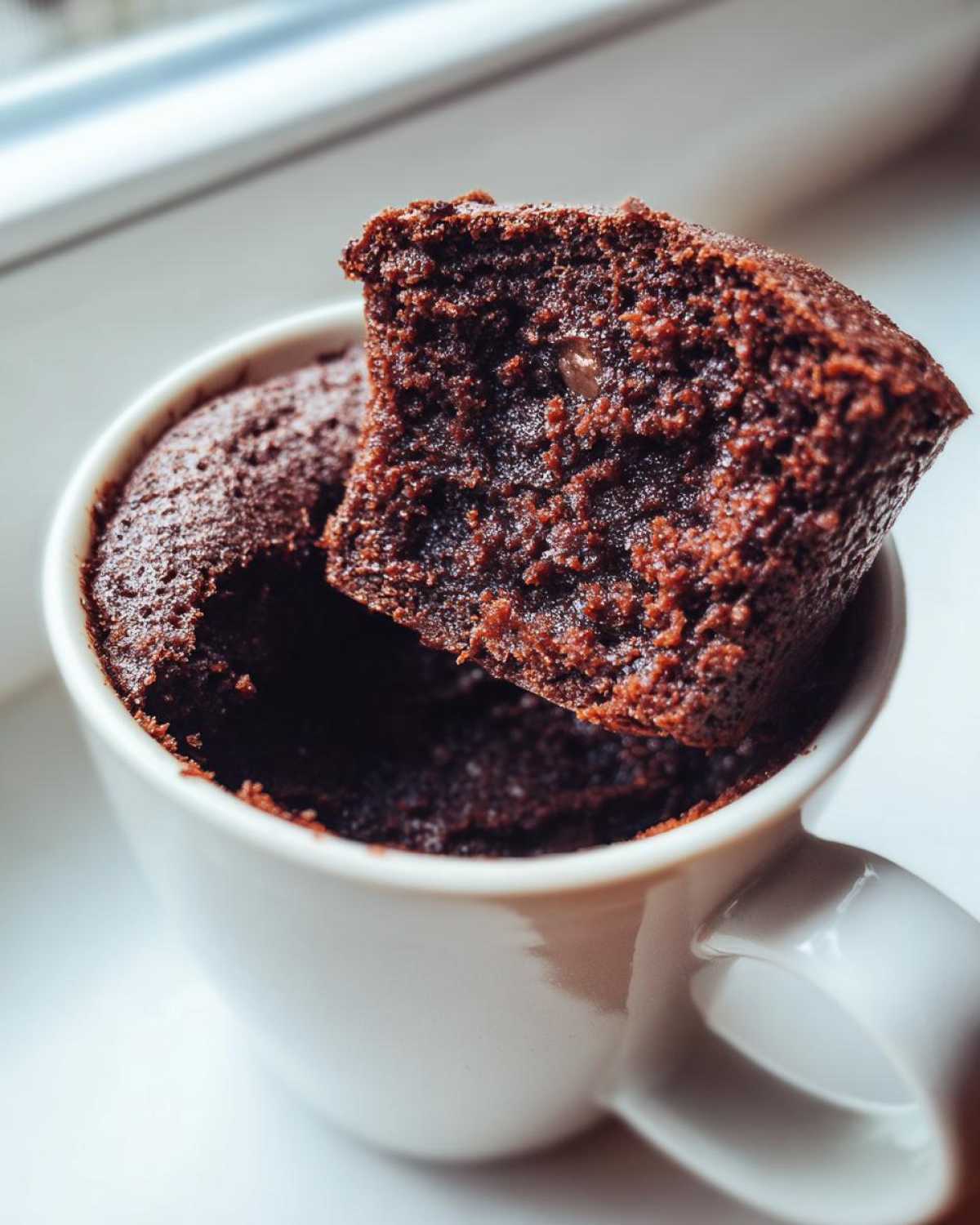 Close-up of a rich, dark chocolate Cottage Cheese Microwave Brownie with a piece lifted to show the moist interior texture.