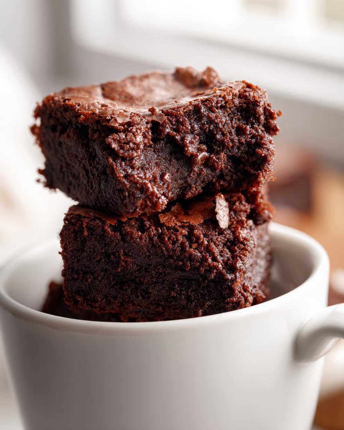 Two rich, fudgy Cottage Cheese Microwave Brownie squares stacked inside a white mug.