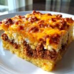 A close-up slice of cowboy cornbread casserole with layers of cornbread, seasoned meat, and melted cheddar cheese topping.