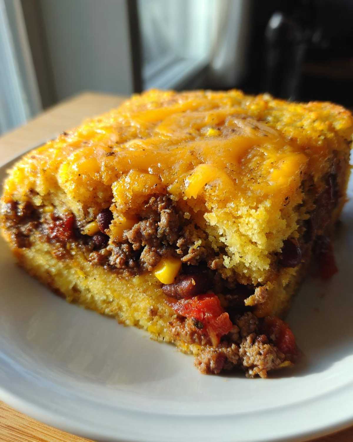 A close-up of a hearty slice of cowboy cornbread casserole showing a ground beef filling and melted cheddar cheese topping.