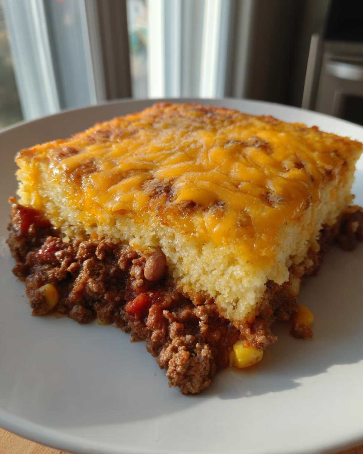 A hearty slice of cowboy cornbread casserole featuring a thick layer of chili and a melted cheddar cheese topping.