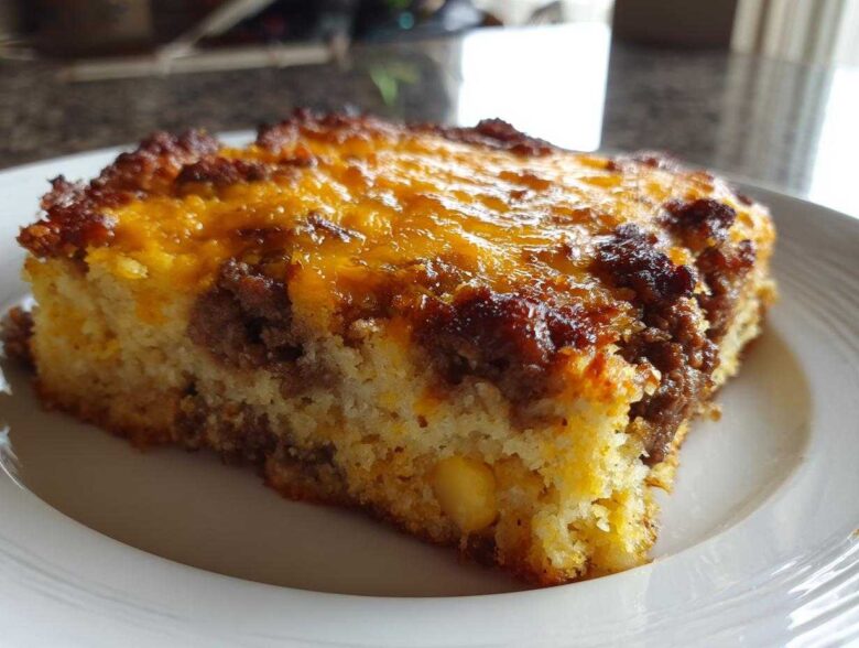 A close-up slice of cowboy cornbread casserole featuring a golden cornbread base, ground meat, and a melted, browned cheddar cheese topping.