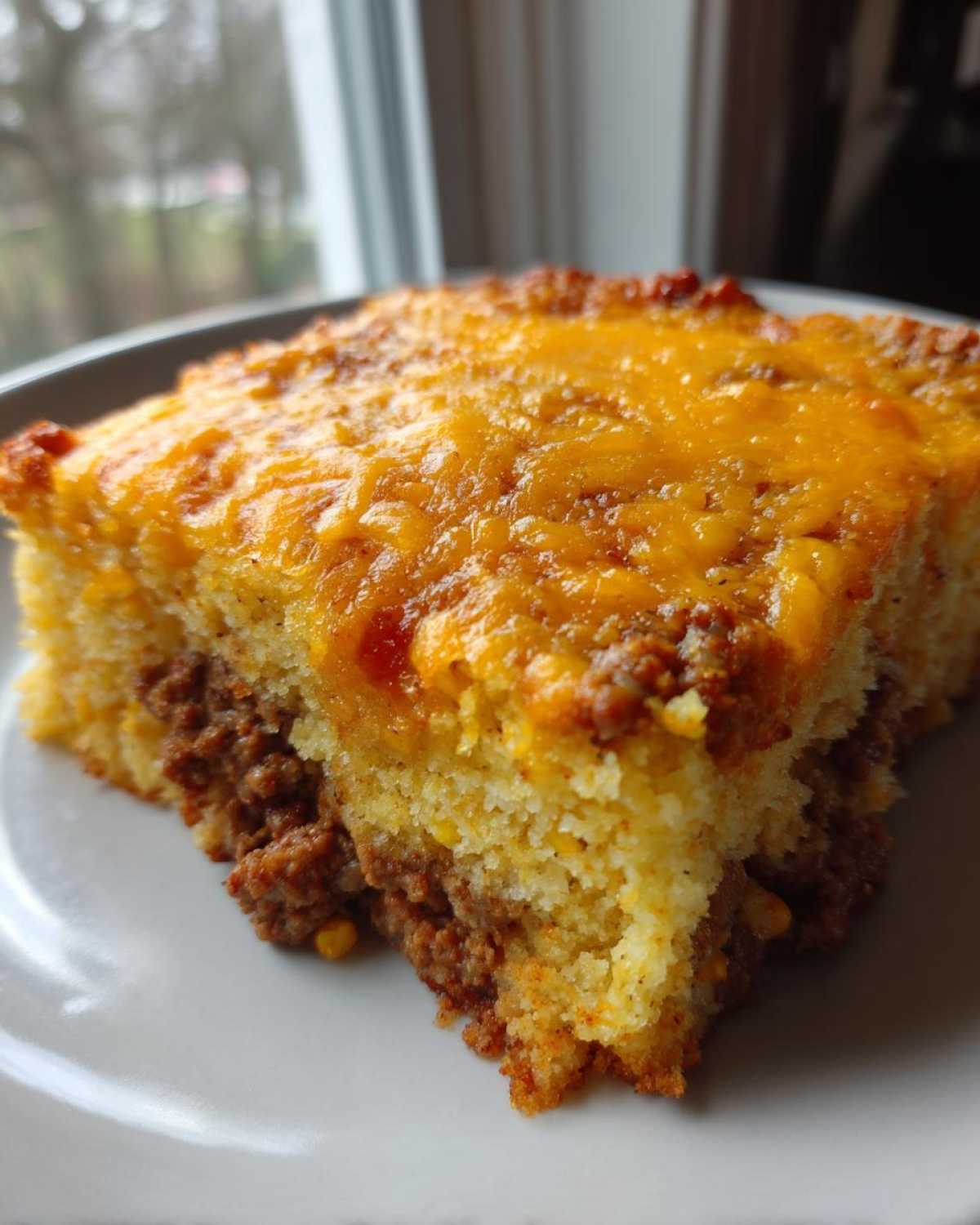 A close-up slice of cowboy cornbread casserole showing a layer of seasoned ground meat topped with thick, melted cheddar cheese.