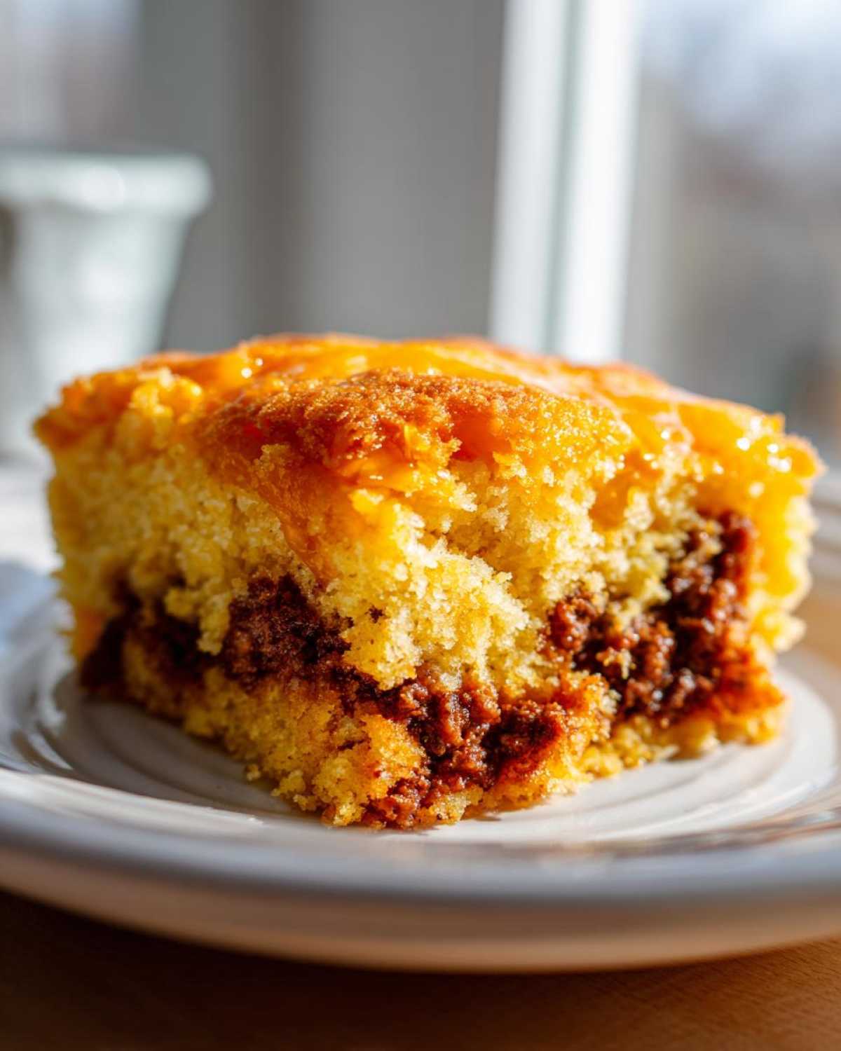 Close-up of a moist slice of cowboy cornbread casserole showing the yellow cornbread and dark savory filling.