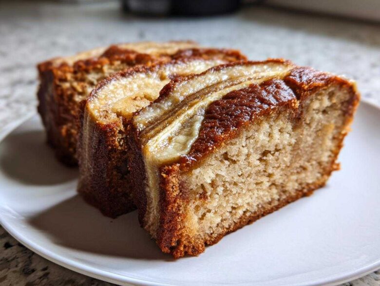 Two thick slices of moist cream cheese banana bread showing a caramelized banana topping.