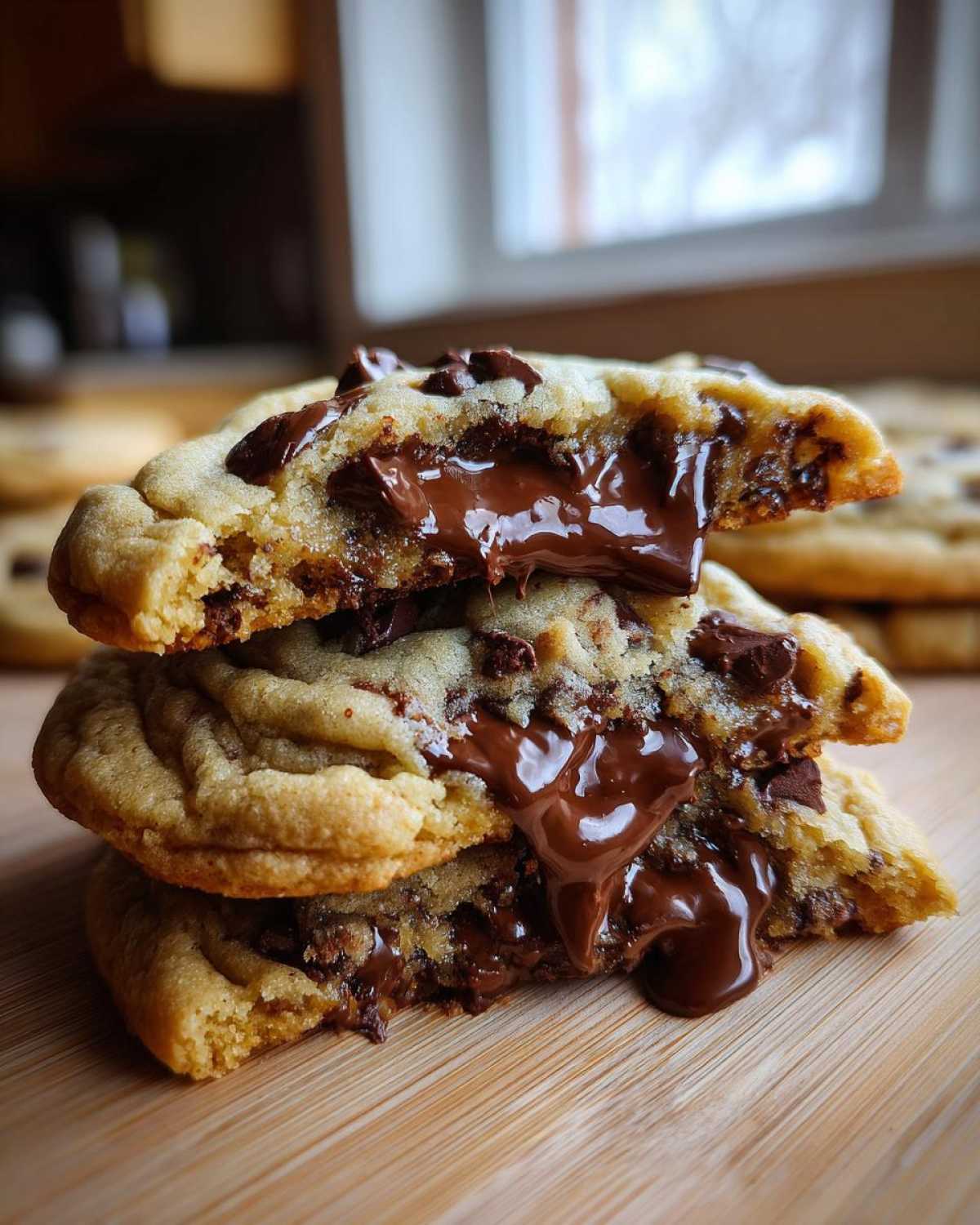 Close-up of three cream cheese chocolate chip cookies stacked, showing gooey, melted chocolate oozing out.