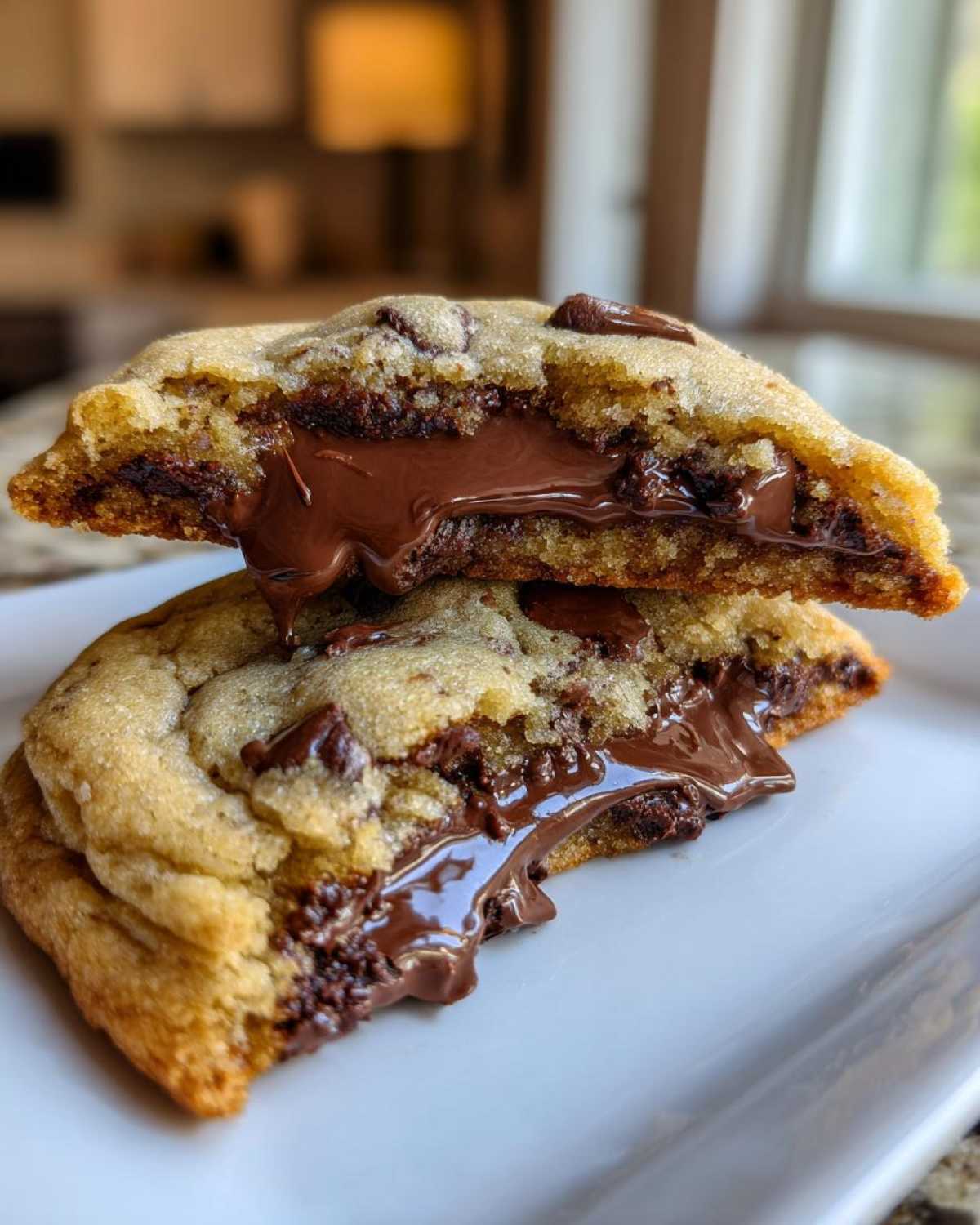 Two halves of a cream cheese chocolate chip cookie stacked, showing melted chocolate center.