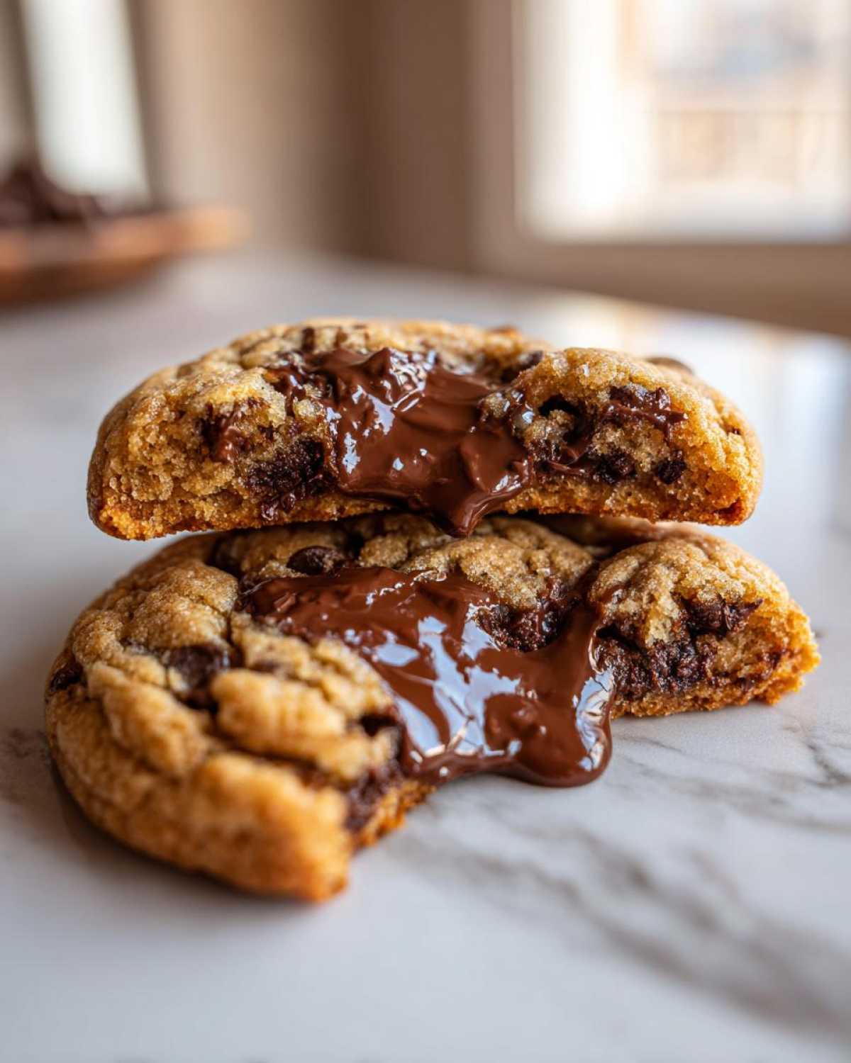 Two halves of a warm cream cheese chocolate chip cookies stacked, revealing gooey, melted chocolate filling.