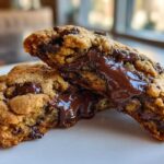 Close-up of a cream cheese chocolate chip cookie broken in half showing gooey, melted chocolate center.