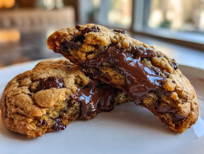 Close-up of a cream cheese chocolate chip cookie broken in half showing gooey, melted chocolate center.