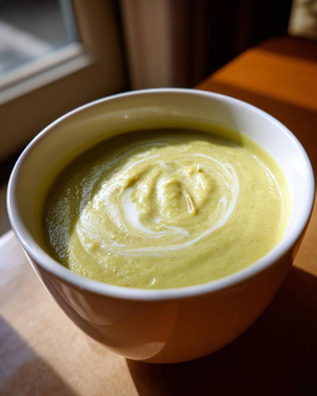 Close-up of a creamy, light green bowl of leek soup, garnished with a swirl of cream.