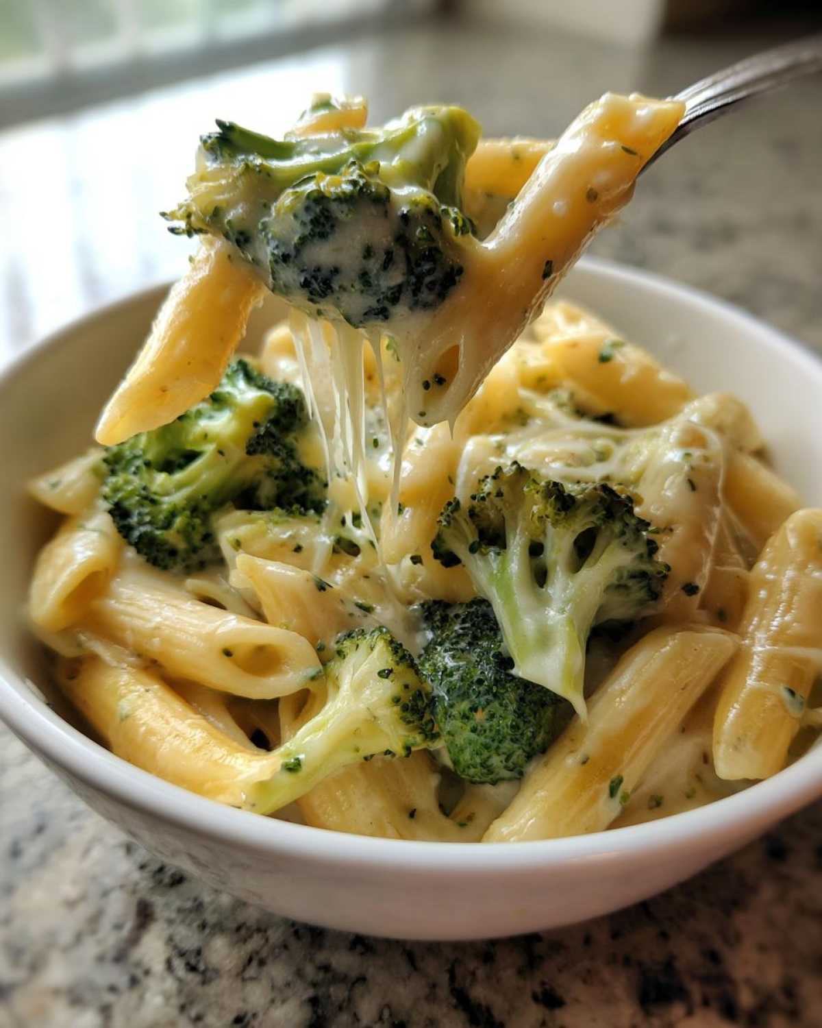 A fork lifting creamy penne pasta and broccoli florets from a bowl of broccoli pasta, showing a cheese pull.