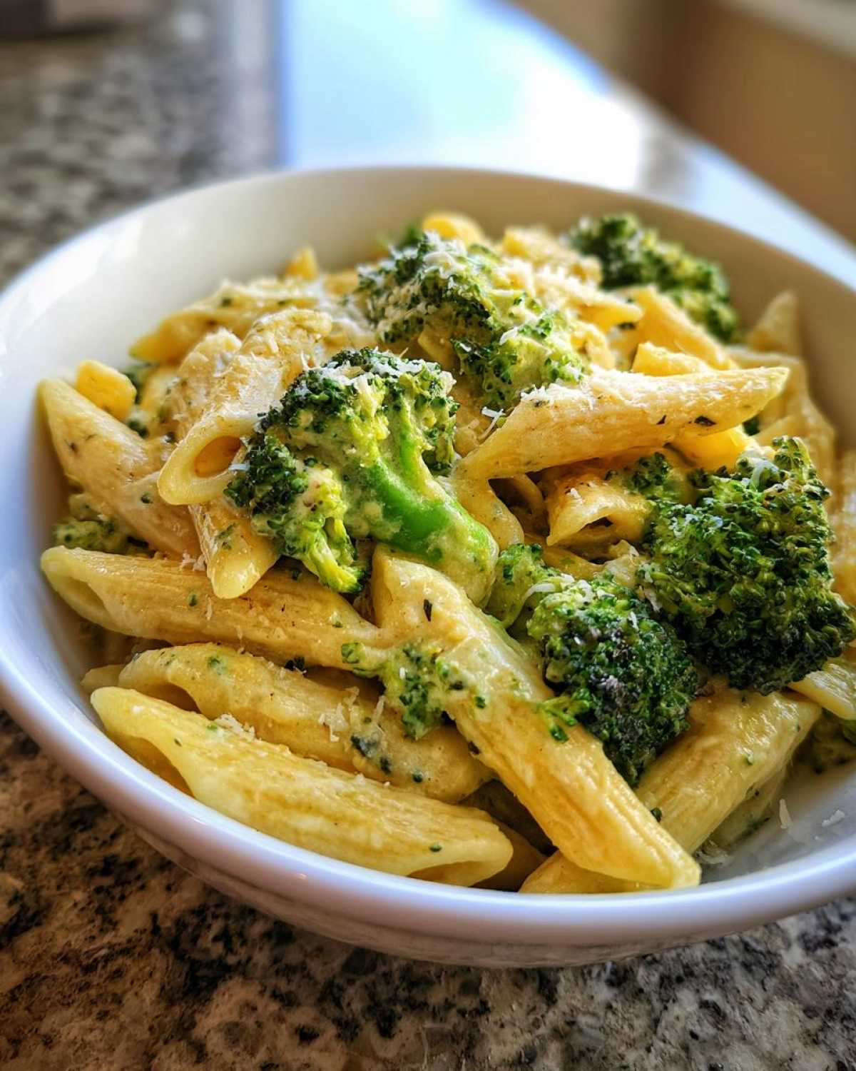 Close-up of creamy broccoli pasta made with penne, vibrant green florets, and grated Parmesan cheese.