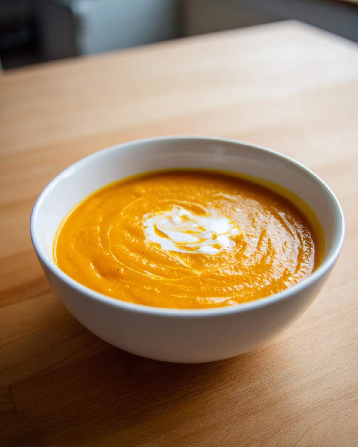 A close-up of rich, orange butternut squash soup topped with a swirl of cream.