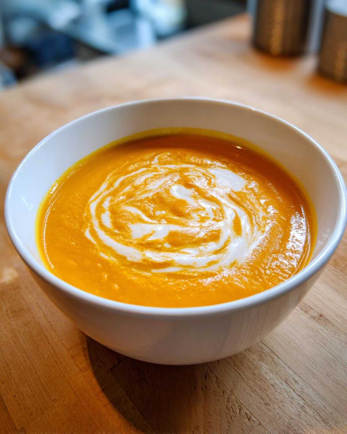 A close-up of vibrant orange butternut squash soup garnished with a swirl of cream in a white bowl.