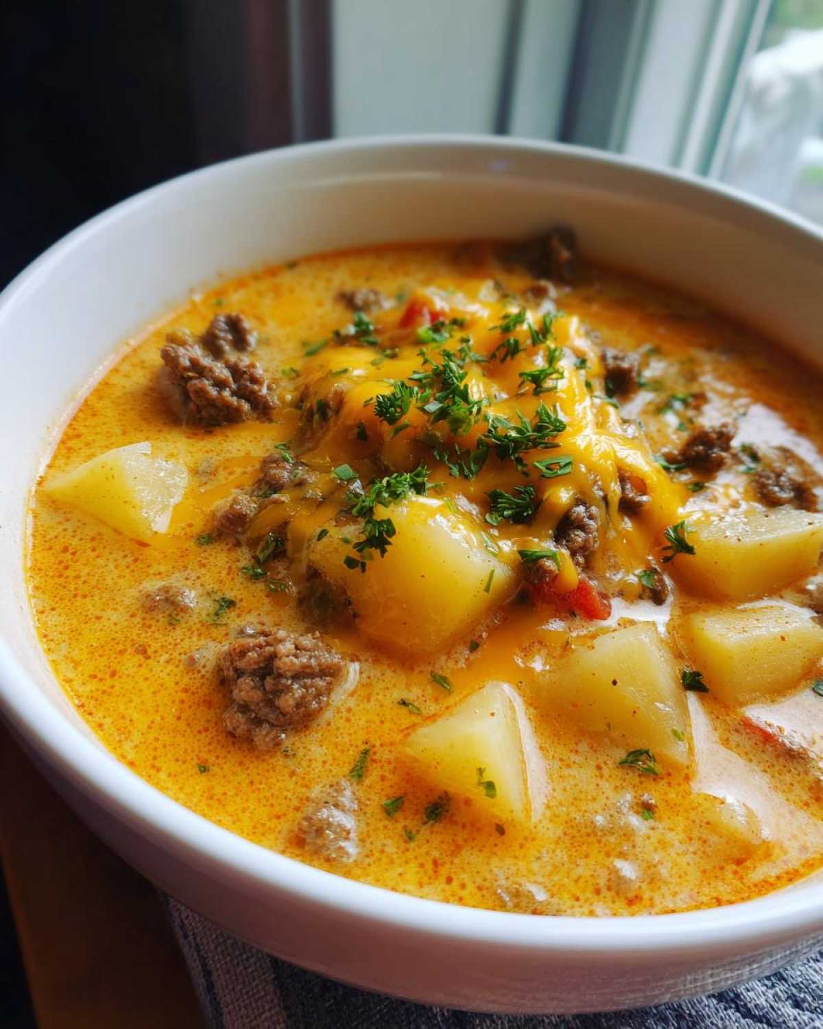 A close-up of a white bowl filled with rich, creamy cheeseburger soup featuring chunks of potato, ground beef, and melted cheddar cheese topped with parsley.