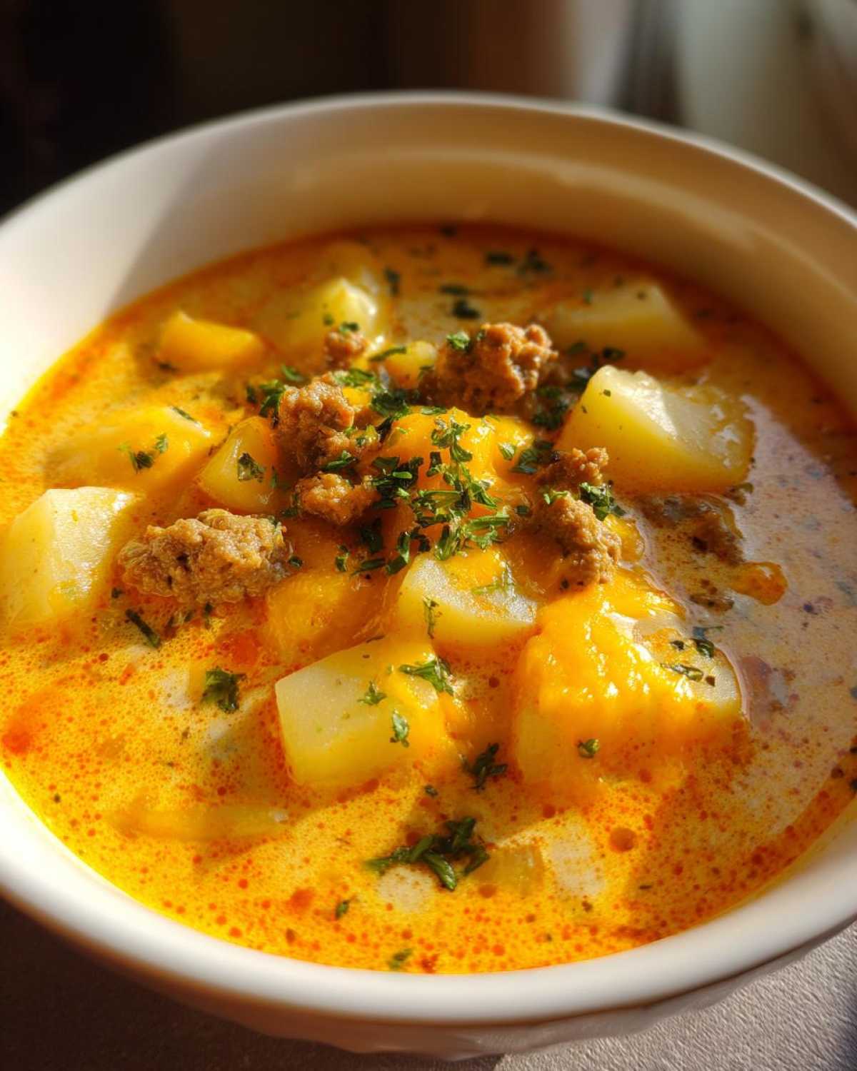 Close-up of a creamy, orange-hued cheeseburger soup filled with chunks of potato, ground beef, and topped with parsley.