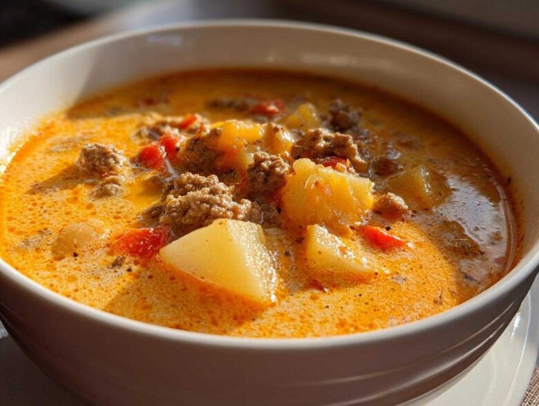 Close-up of a hearty bowl of creamy, orange-hued cheeseburger soup filled with ground beef and potato chunks.