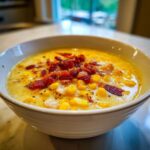 A close-up of a bowl of creamy chicken corn chowder topped generously with crispy bacon bits and black pepper.