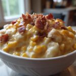 Close-up of a bowl of creamy chicken corn chowder loaded with corn kernels and topped with crispy bacon pieces.