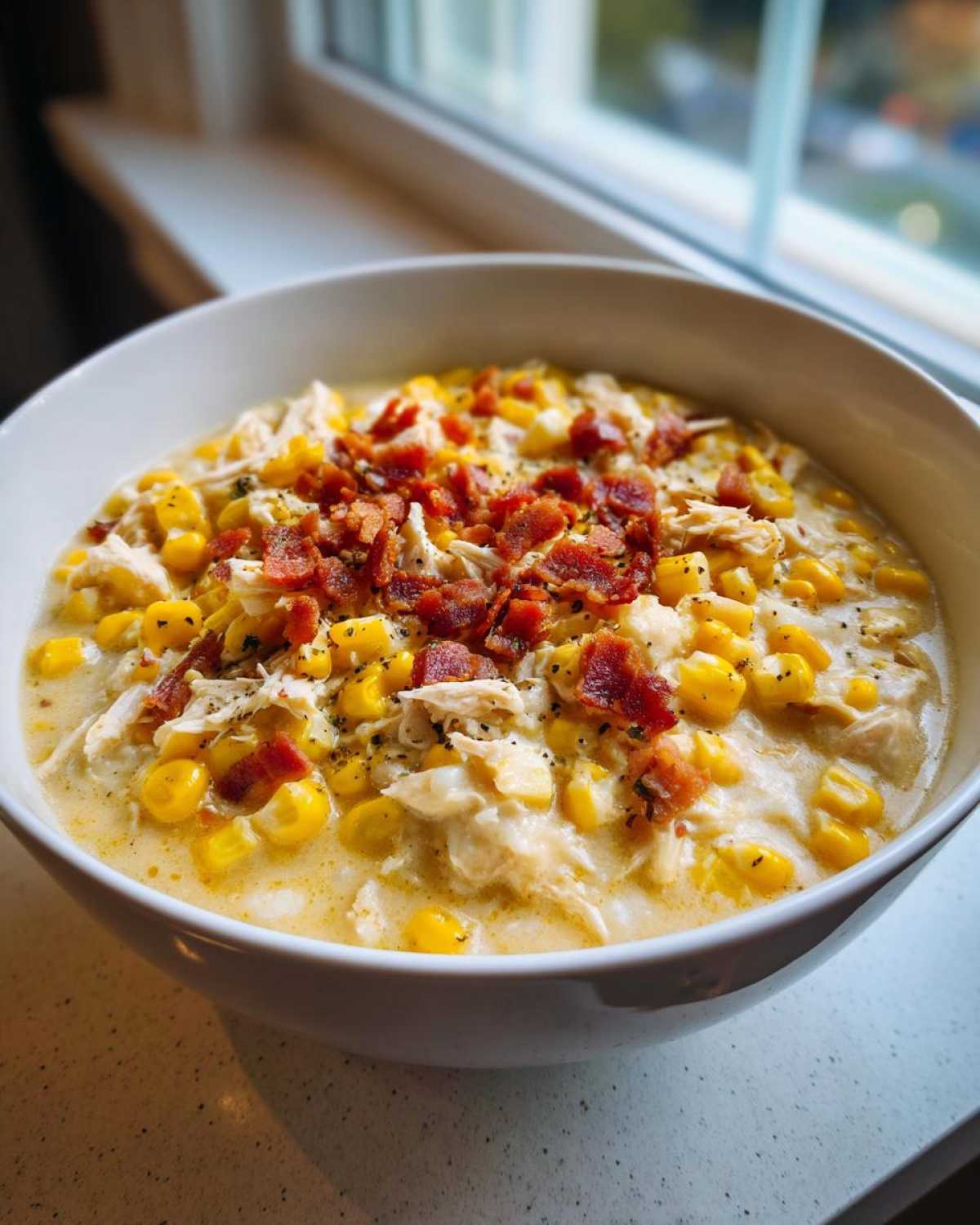 A creamy bowl of chicken corn chowder topped generously with shredded chicken, yellow corn kernels, and crispy bacon bits.
