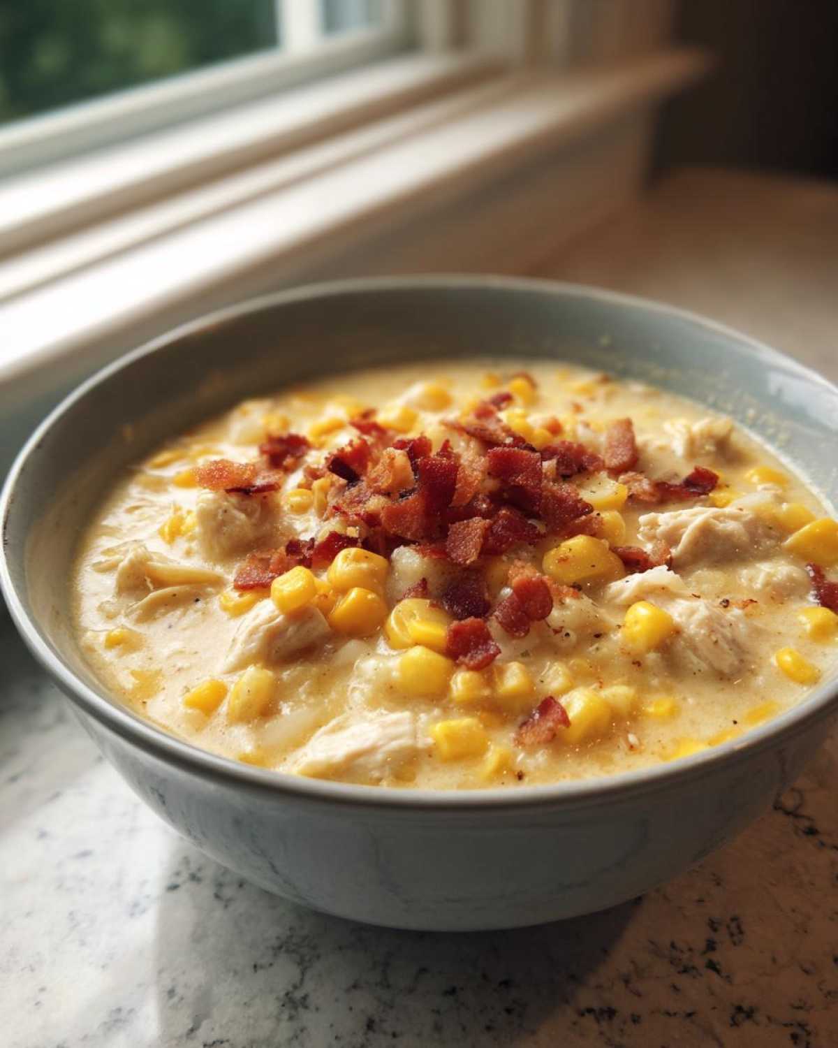 A close-up of a bowl of creamy chicken corn chowder topped generously with crumbled bacon.