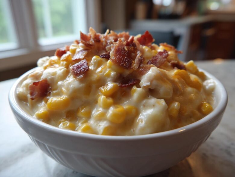 Close-up of a bowl of creamy chicken corn chowder loaded with corn kernels and topped with crispy bacon pieces.
