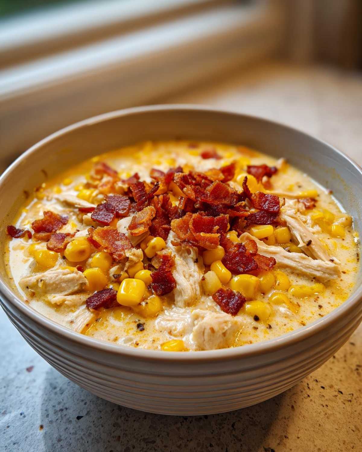 A close-up of a bowl of creamy chicken corn chowder loaded with corn and topped generously with crispy bacon bits.