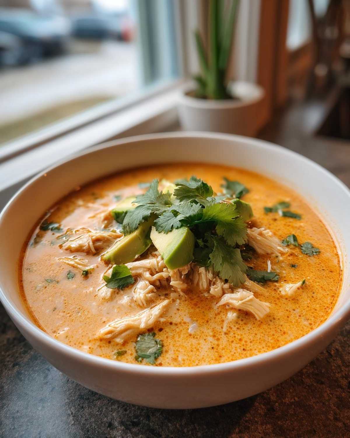 A close-up of a white bowl filled with creamy chicken tortilla soup, topped with shredded chicken, avocado slices, and fresh cilantro.