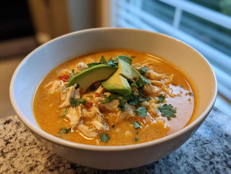 A close-up of a white bowl filled with creamy chicken tortilla soup, topped with shredded chicken, avocado slices, and cilantro.